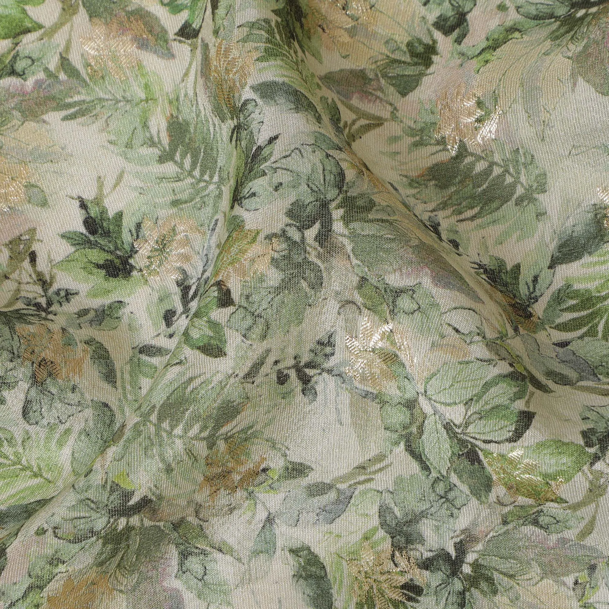 Cream & Green Leafy Viscose Digital Printed Fabric - Soft & Lightweight, 110 cm Width-D20260