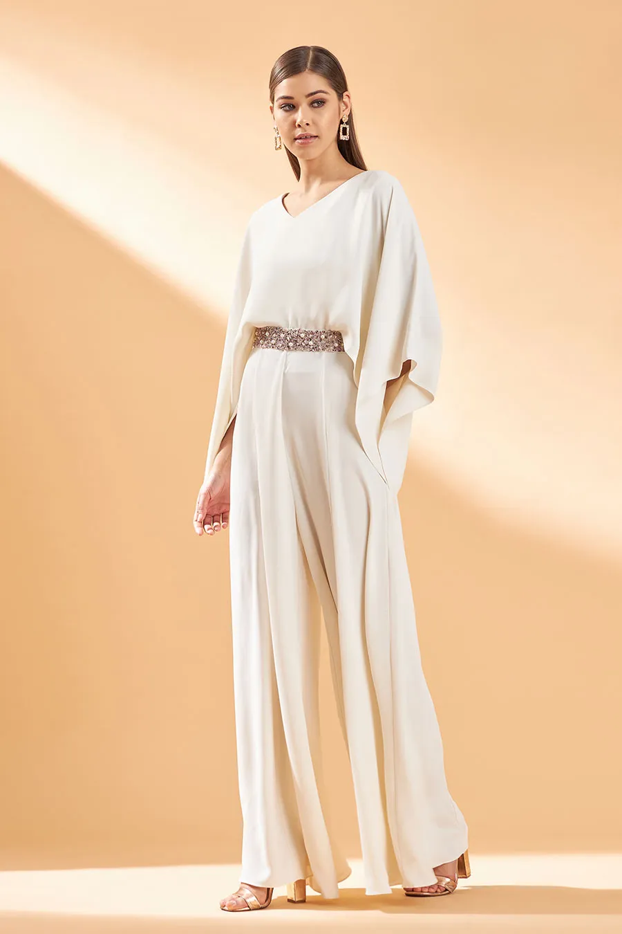 Cream Draped Jumpsuit With Belt