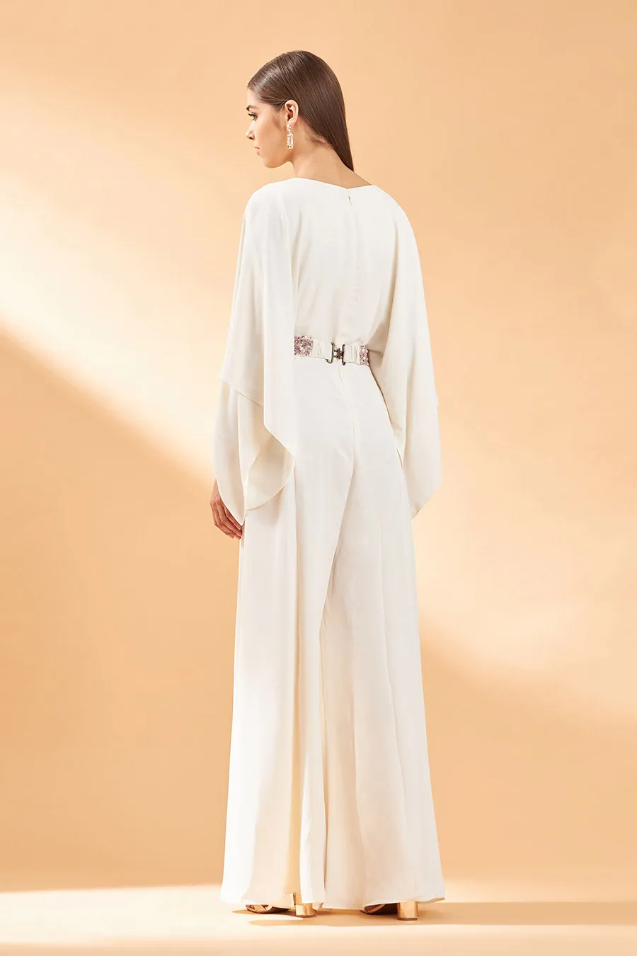 Cream Draped Jumpsuit With Belt