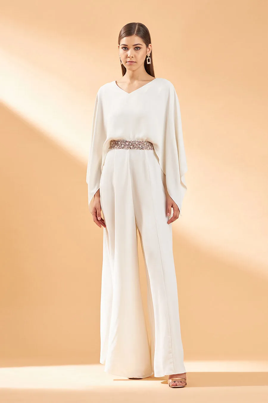 Cream Draped Jumpsuit With Belt