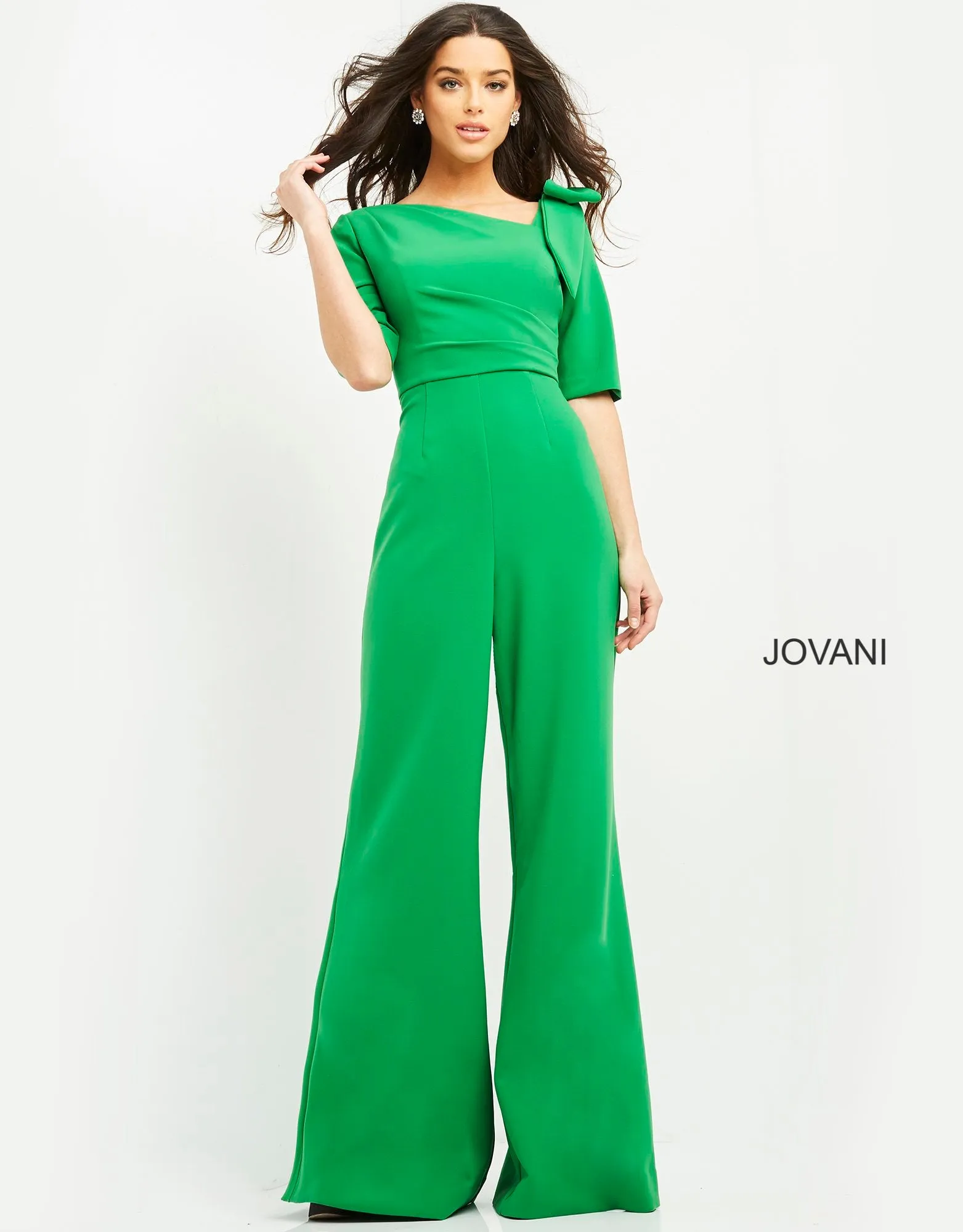 Crepe Mid-Sleeve Bow Jumpsuit by Jovani 04284