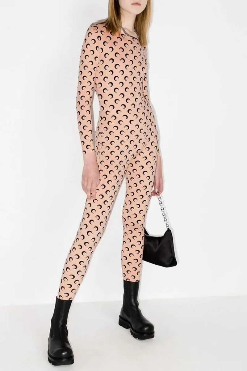 Crescent Moon Print Long Sleeves Khaki Skinny Jumpsuit