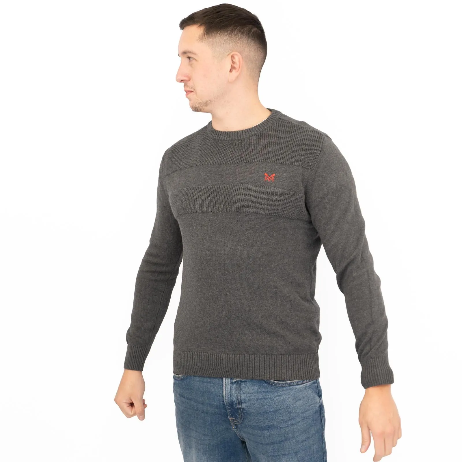 Crew Clothing Mens Rib Knitted Jumper Long Sleeve Dark Grey