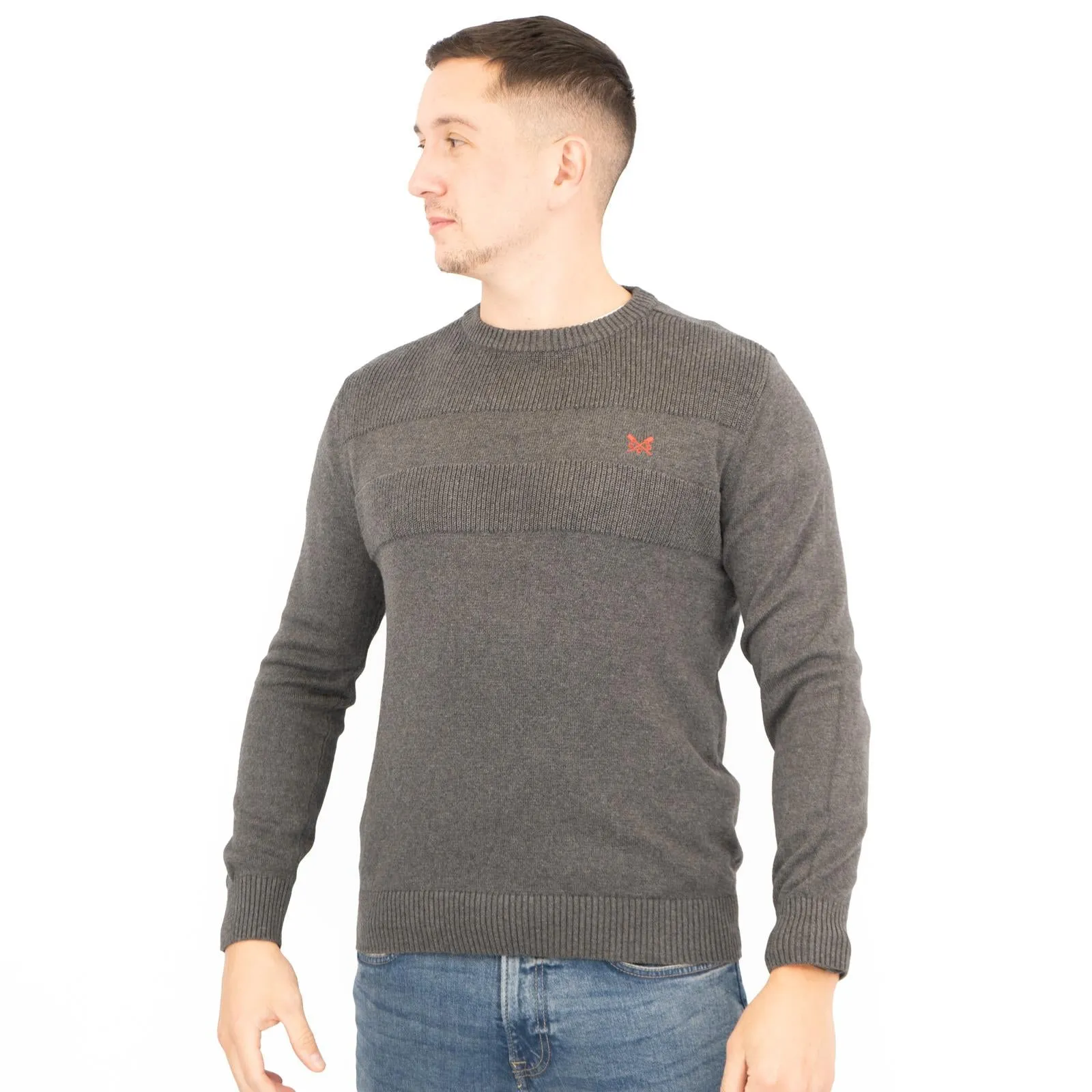 Crew Clothing Mens Rib Knitted Jumper Long Sleeve Dark Grey