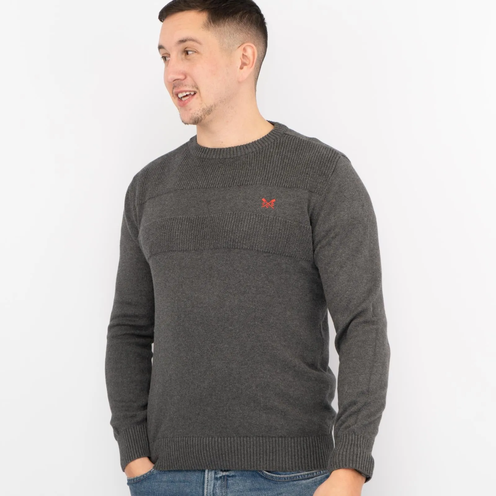 Crew Clothing Mens Rib Knitted Jumper Long Sleeve Dark Grey