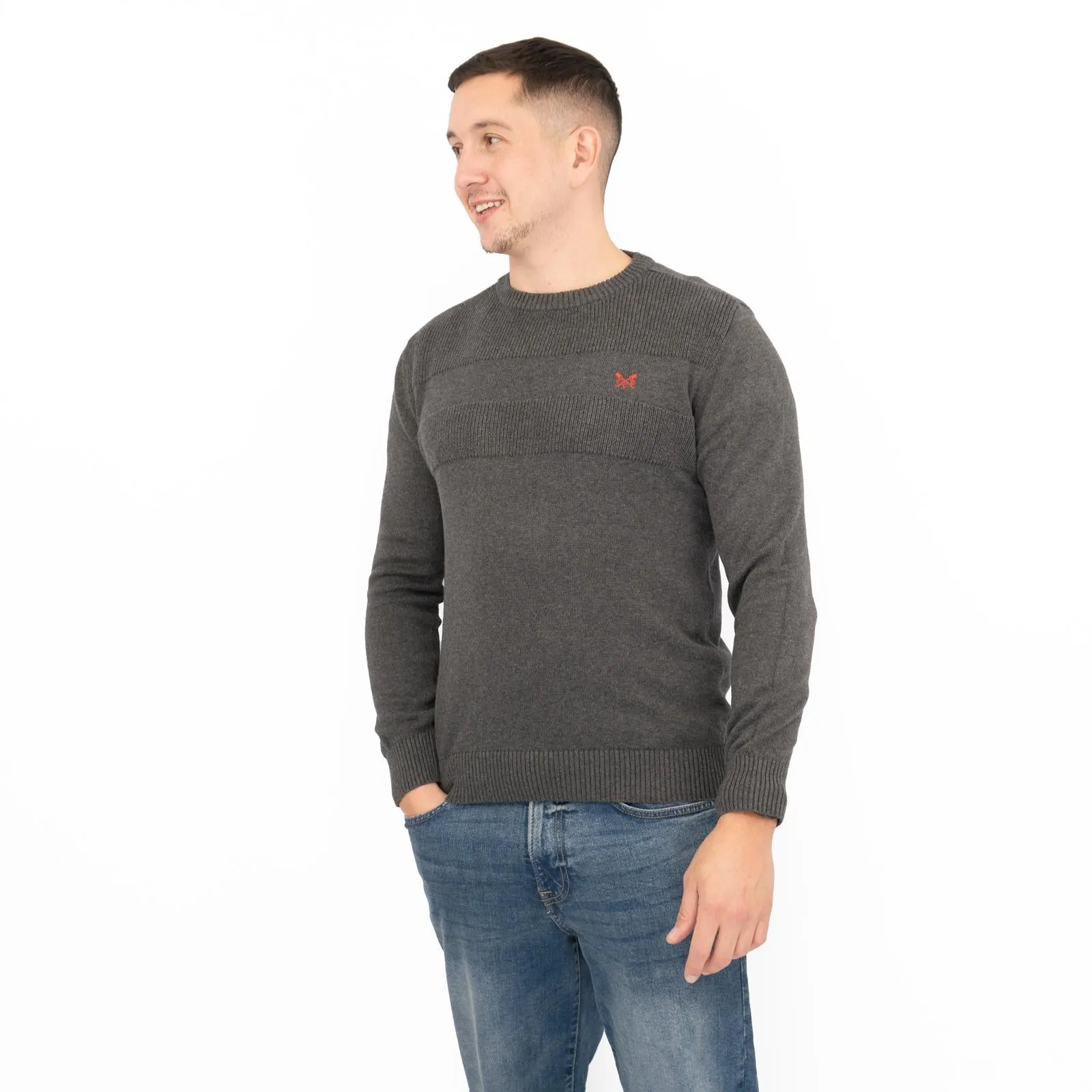 Crew Clothing Mens Rib Knitted Jumper Long Sleeve Dark Grey