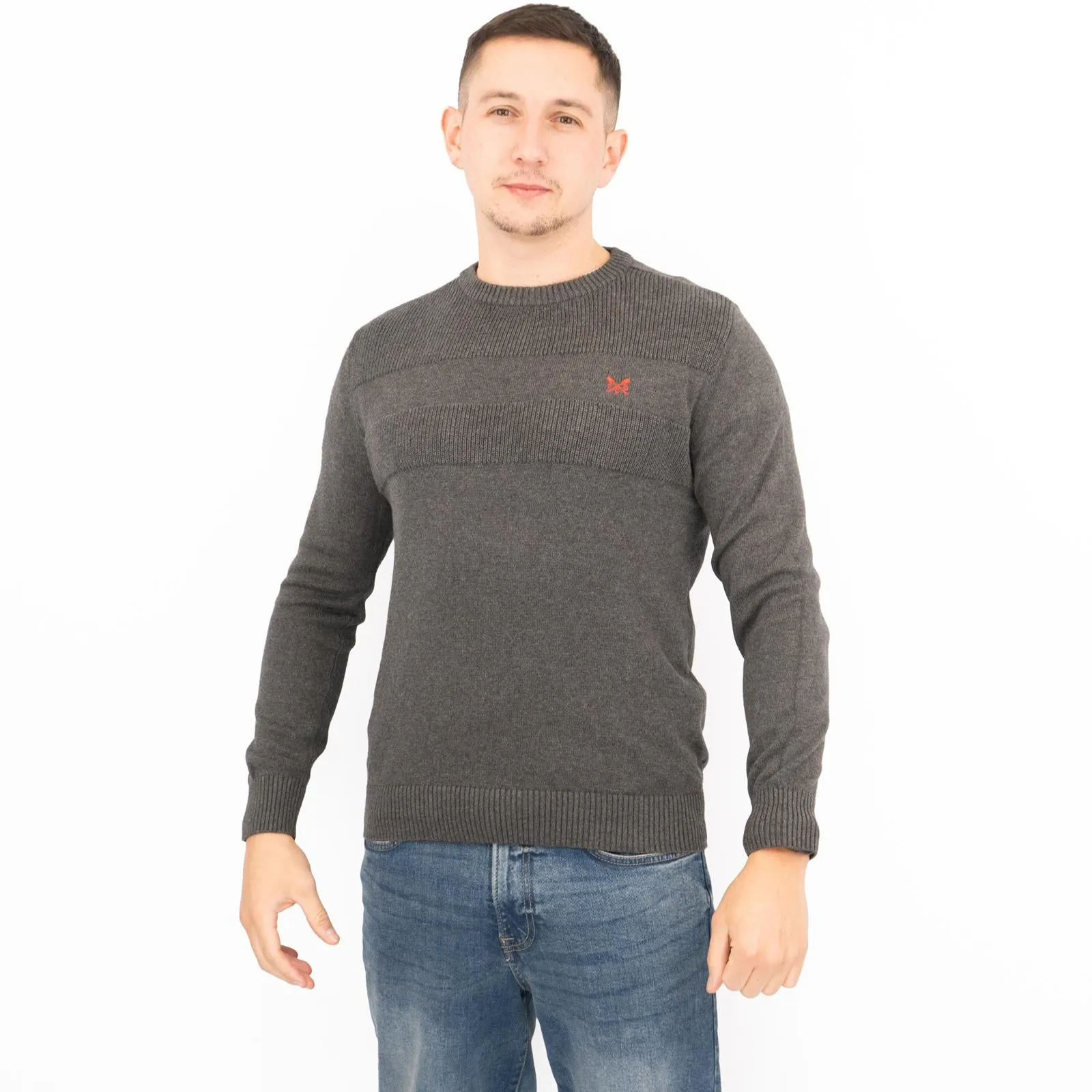 Crew Clothing Mens Rib Knitted Jumper Long Sleeve Dark Grey