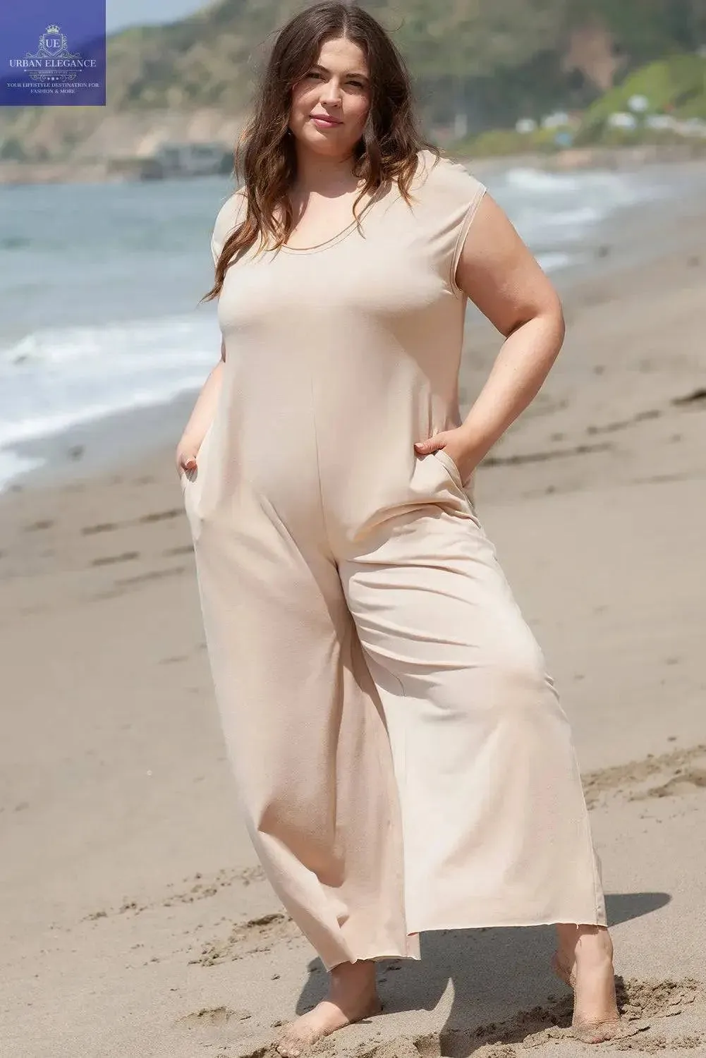 Curvy Beige Cap Sleeve Wide Leg Jumpsuit