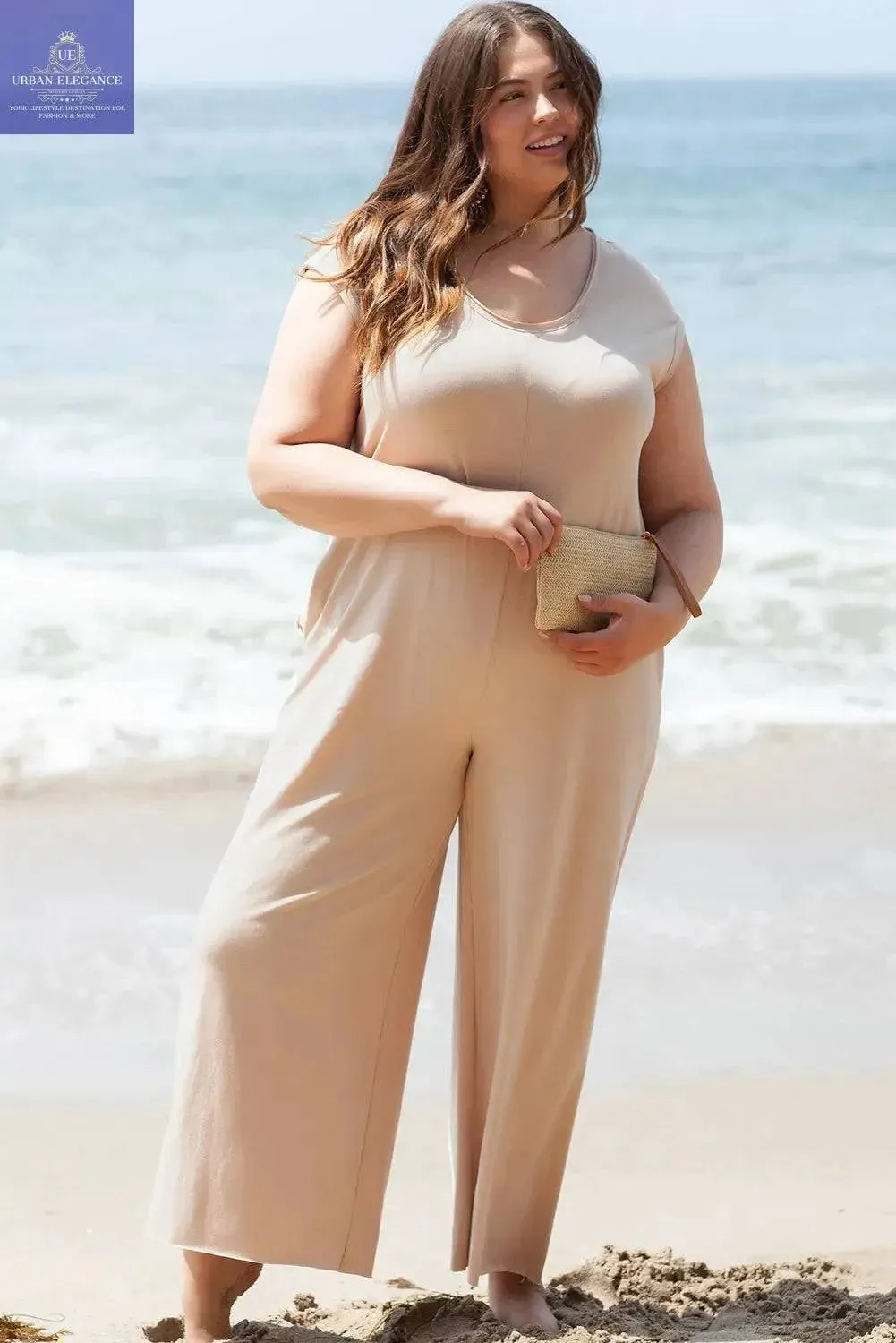 Curvy Beige Cap Sleeve Wide Leg Jumpsuit