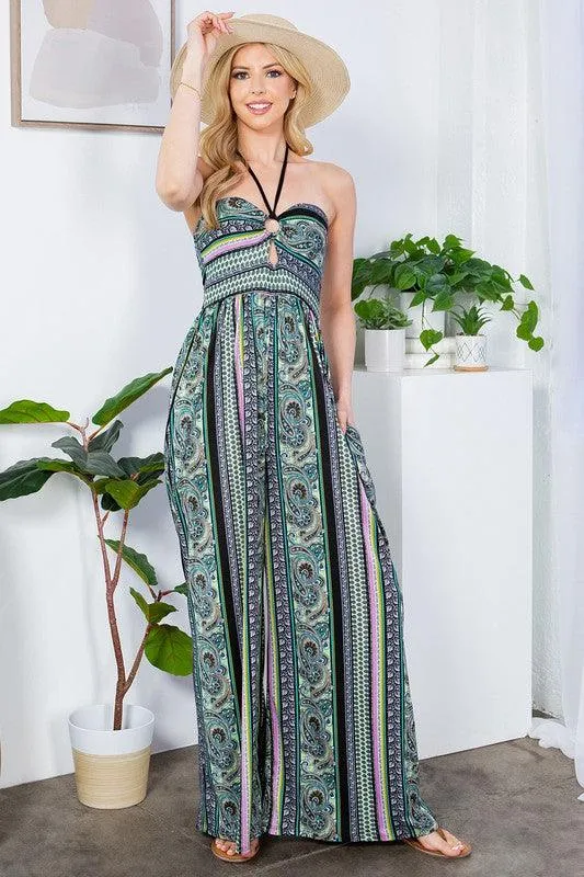 Cut Out Wide Leg Halter Jumpsuit with Pockets