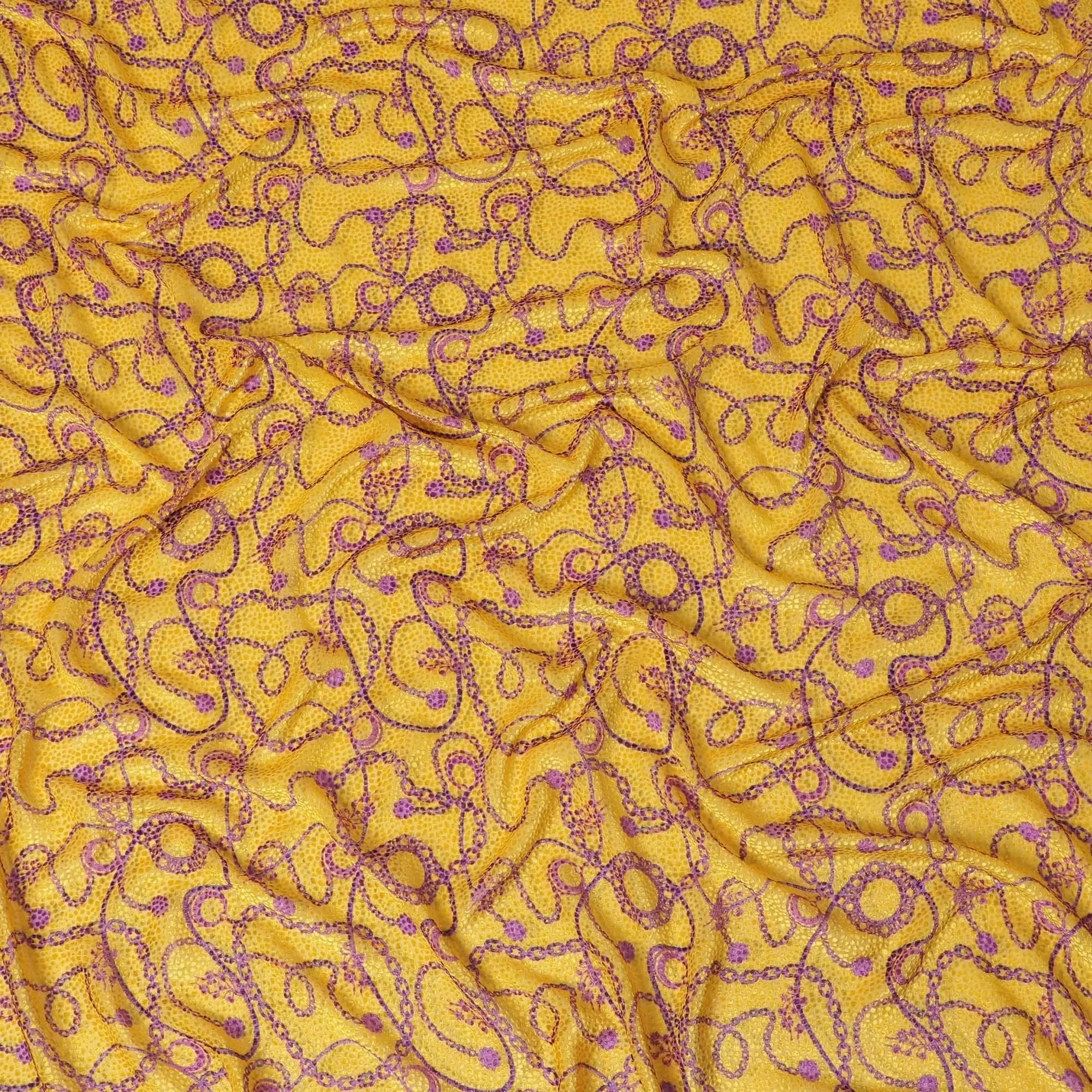 Cyber yellow Premium pure Italian silk blended burnout velvet fabric with magenta purple print in fancy design-D13840