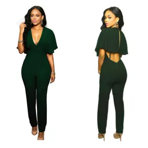 Deep V-neck Falbala Backless Long Slim Jumpsuit