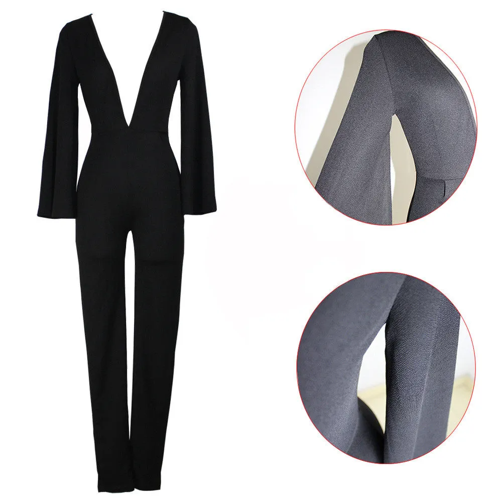 Deep V-neck Long Split Sleeve High Waist Slim Long Jumpsuit