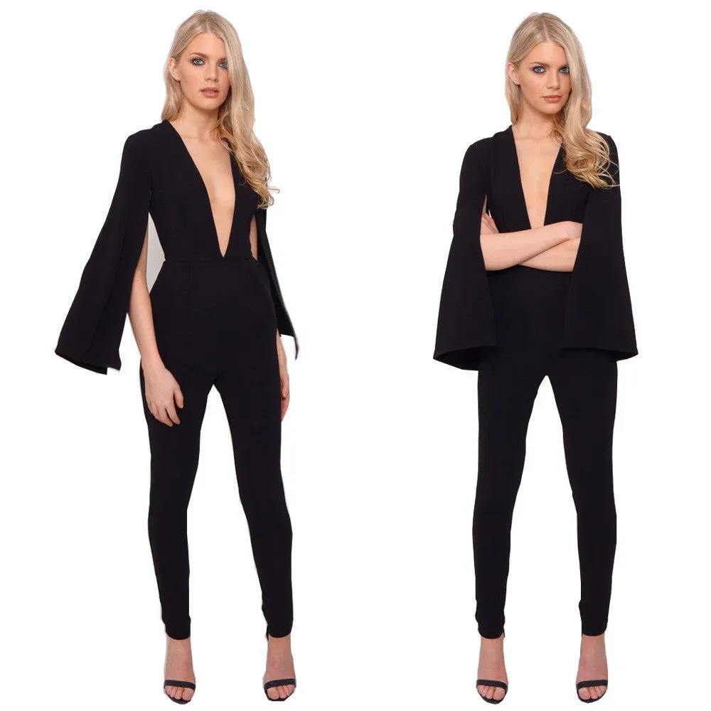 Deep V-neck Long Split Sleeve High Waist Slim Long Jumpsuit