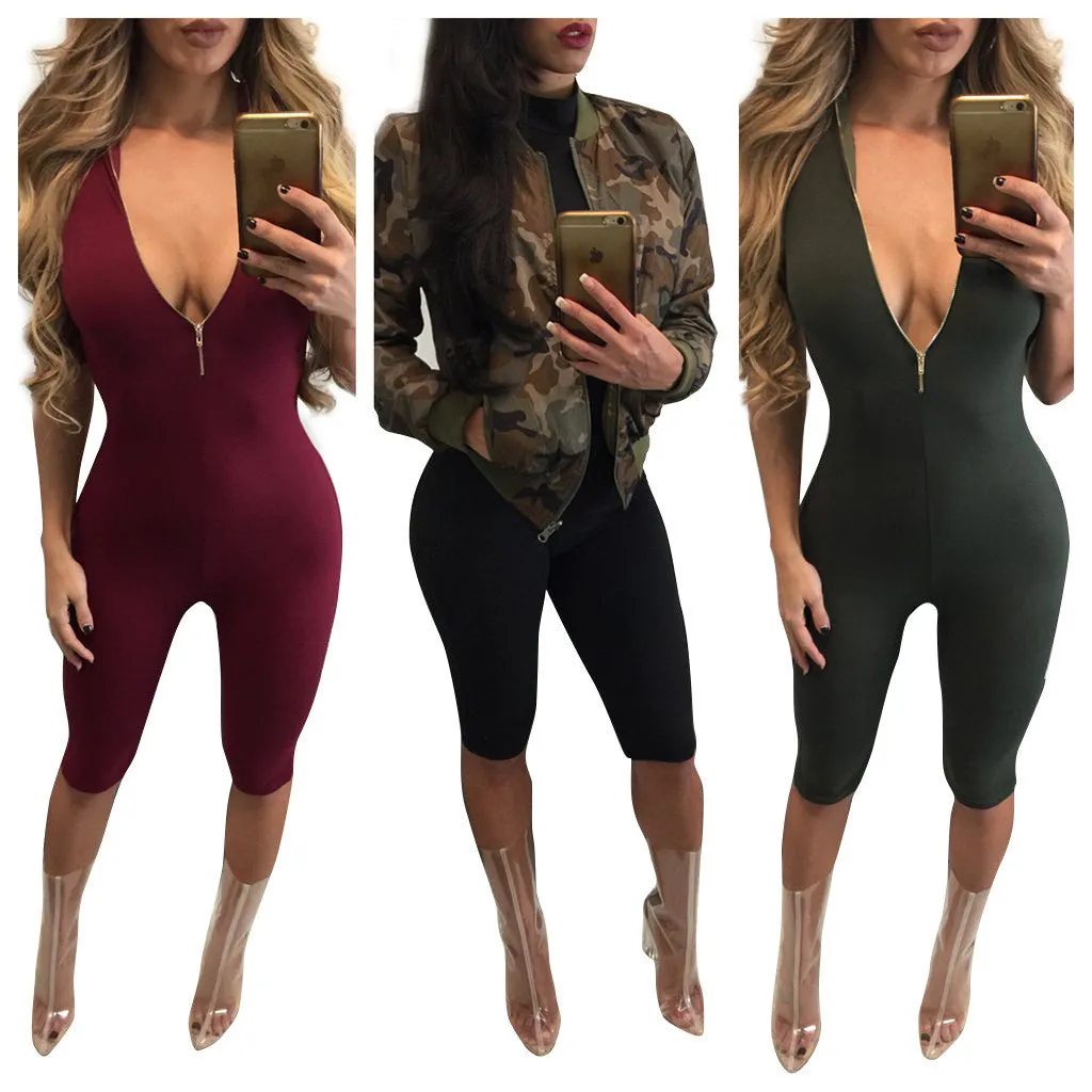 Deep V-neck Zipper Pure Color Both Side Romper