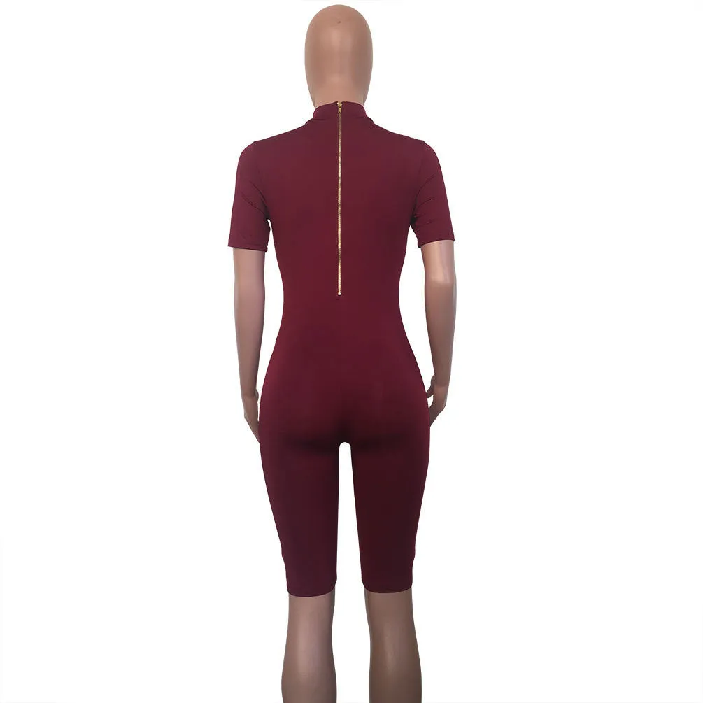 Deep V-neck Zipper Pure Color Both Side Romper