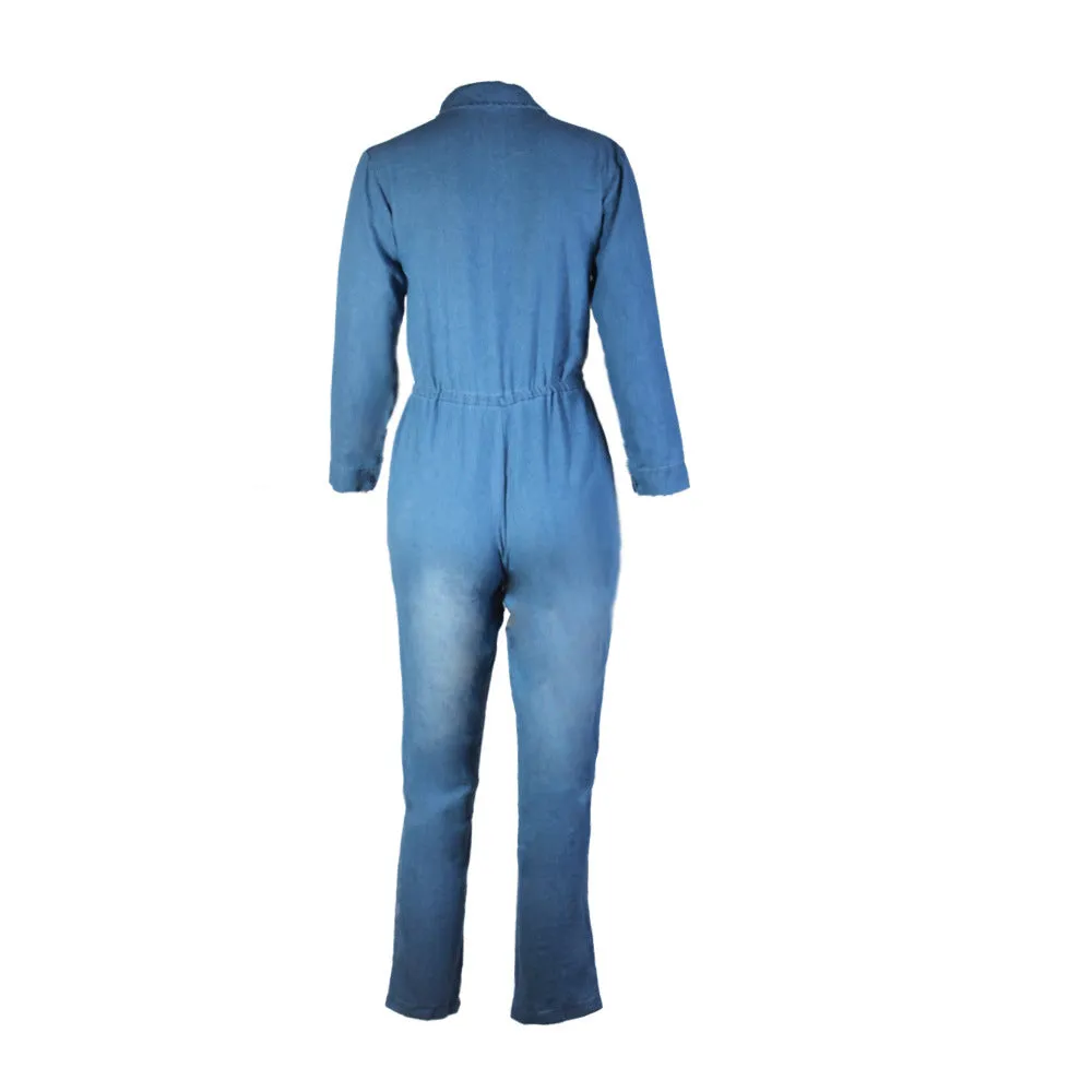 Denim Blue Lapel Draw String Waist Long Jumpsuit