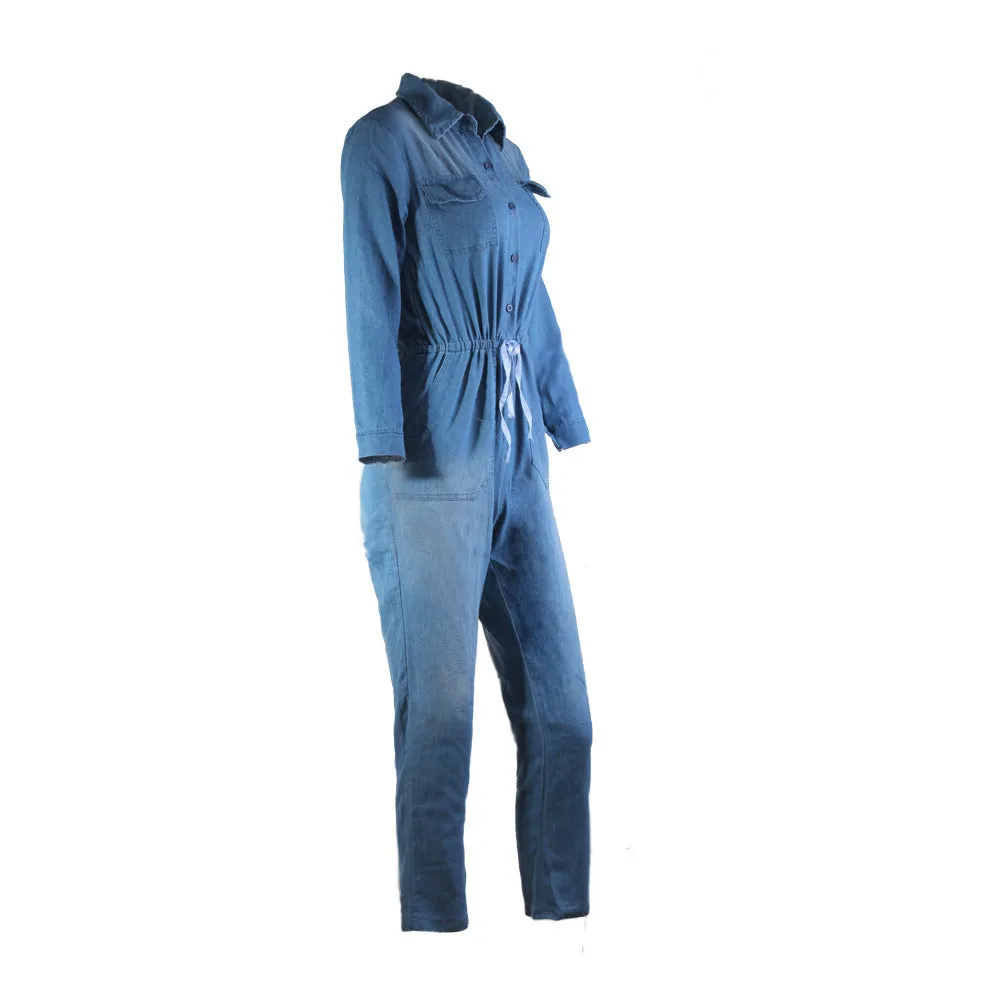 Denim Blue Lapel Draw String Waist Long Jumpsuit