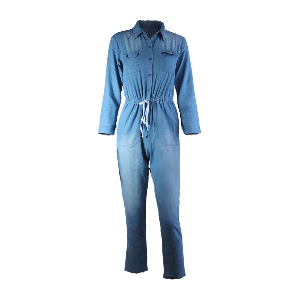 Denim Blue Lapel Draw String Waist Long Jumpsuit