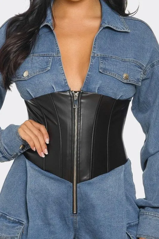 Denim Cargo Jumpsuit with Faux Leather Corset