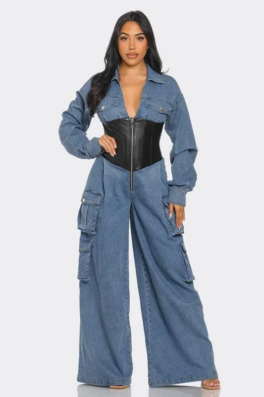 Denim Cargo Jumpsuit with Faux Leather Corset