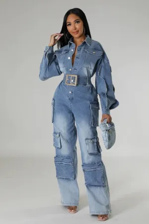 Denim Cargo Ruffle Sleeve Jumpsuit (Belt not included)