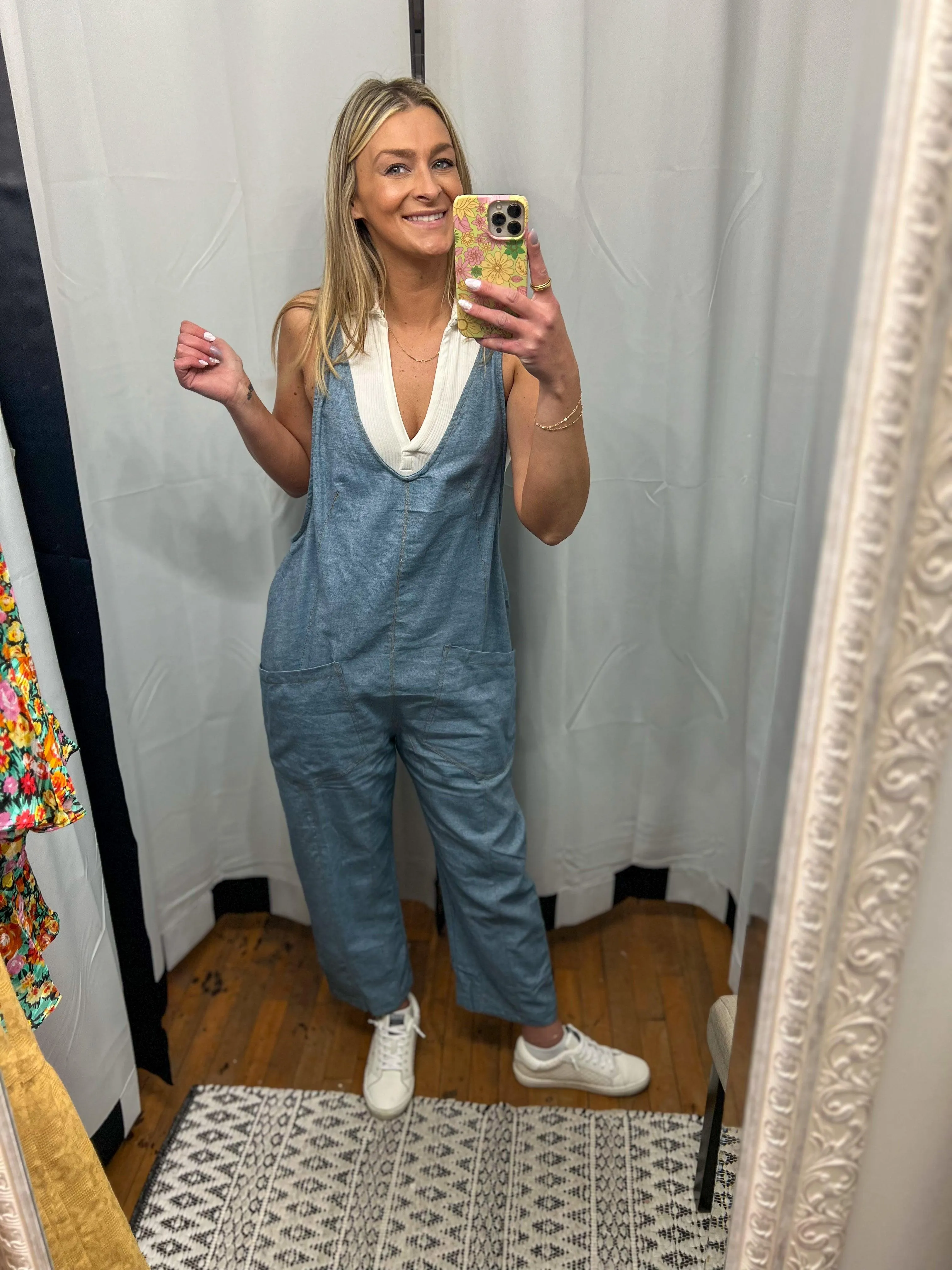 Denim Chambray Overall Patch Pocket Jumpsuit