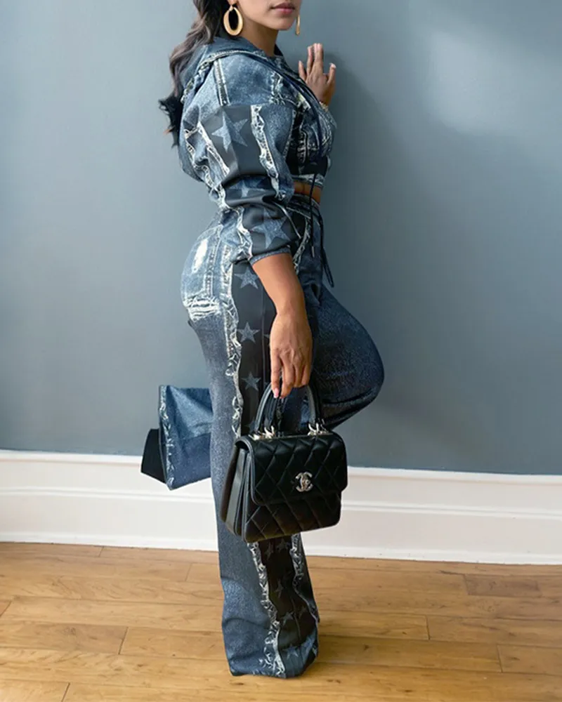 Denim Print Coat Wide-Leg Pants Suit