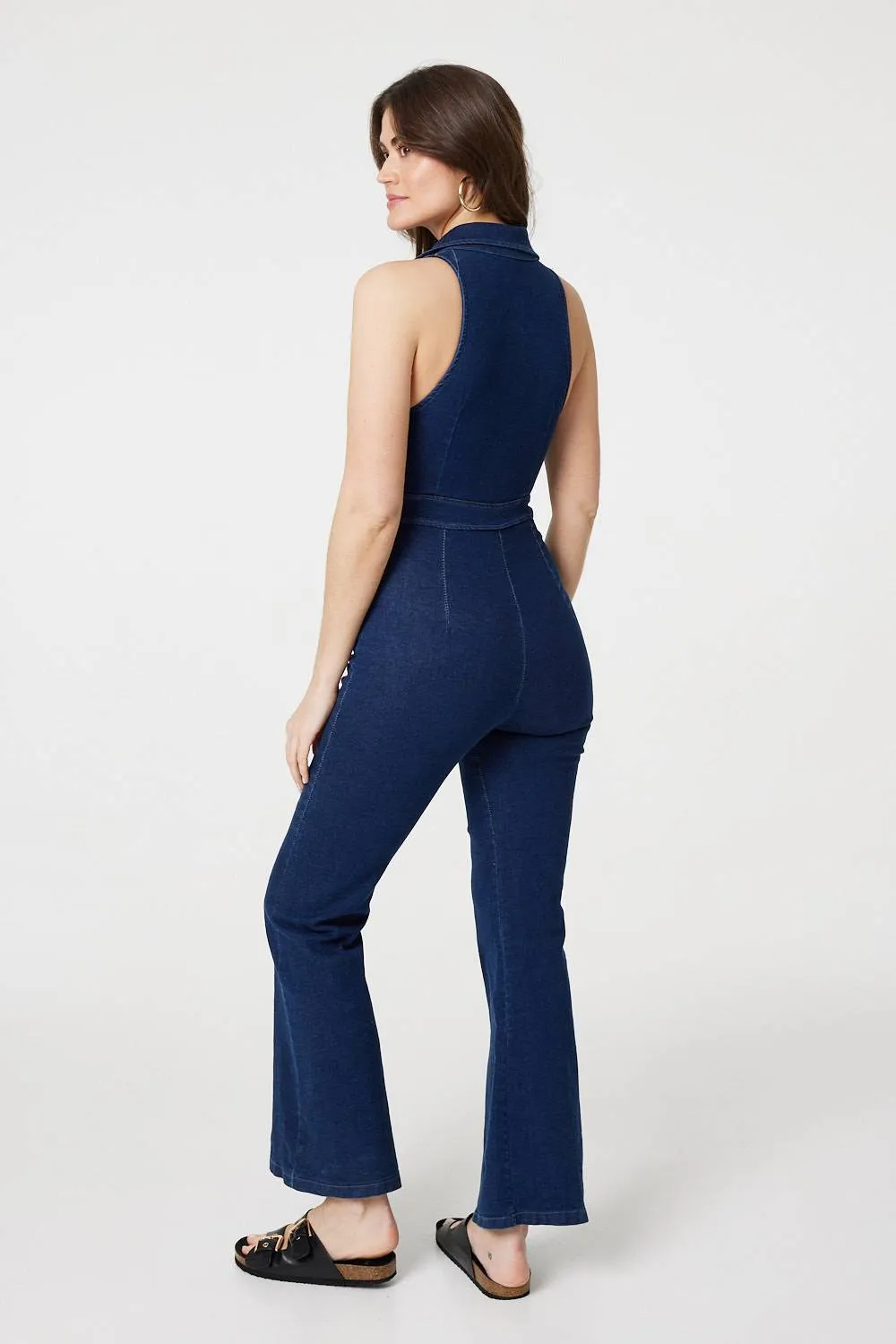 Denim Zip Front Flared Jumpsuit