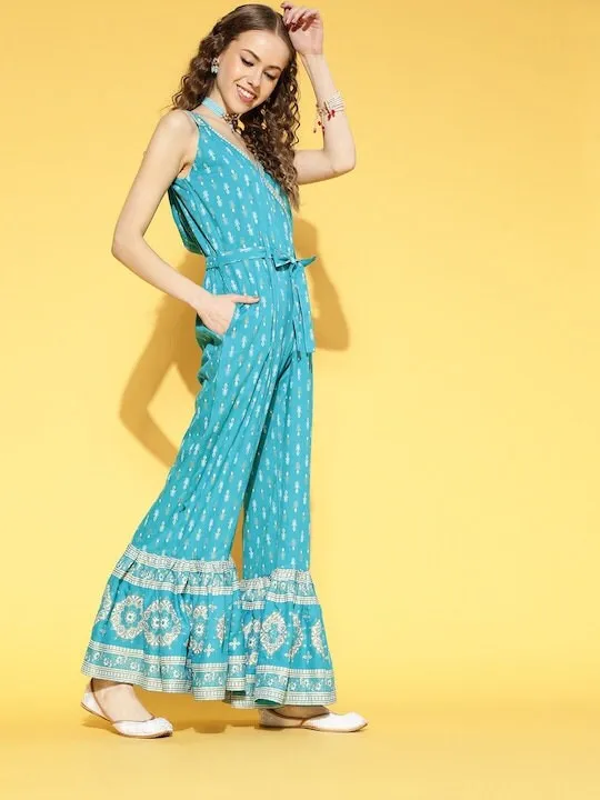 Designer Indian Turquoise Blue Printed Jumpsuit For Women