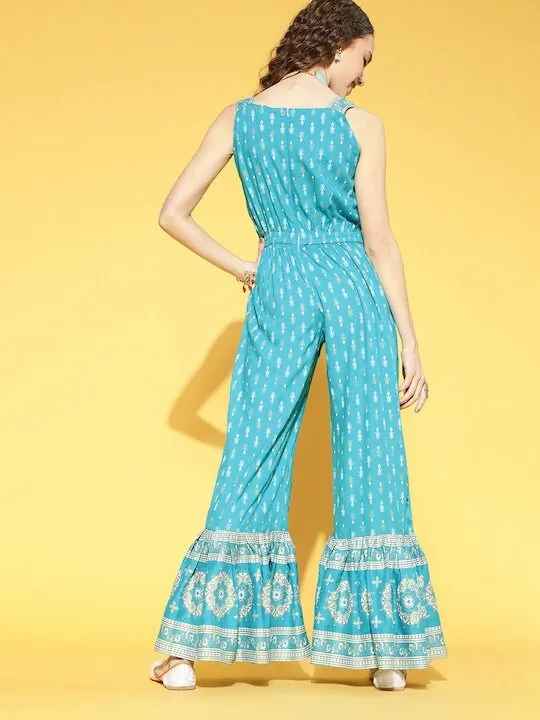 Designer Indian Turquoise Blue Printed Jumpsuit For Women