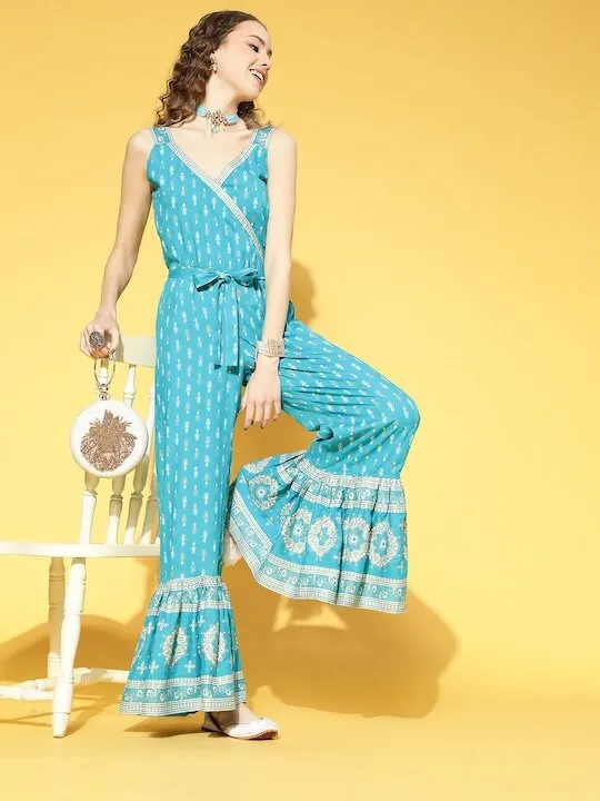 Designer Indian Turquoise Blue Printed Jumpsuit For Women