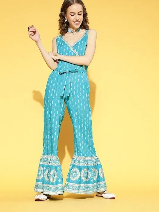 Designer Indian Turquoise Blue Printed Jumpsuit For Women