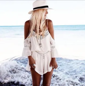 Dew Shoulder V Neck Chiffon Lace Long Sleeve Romper