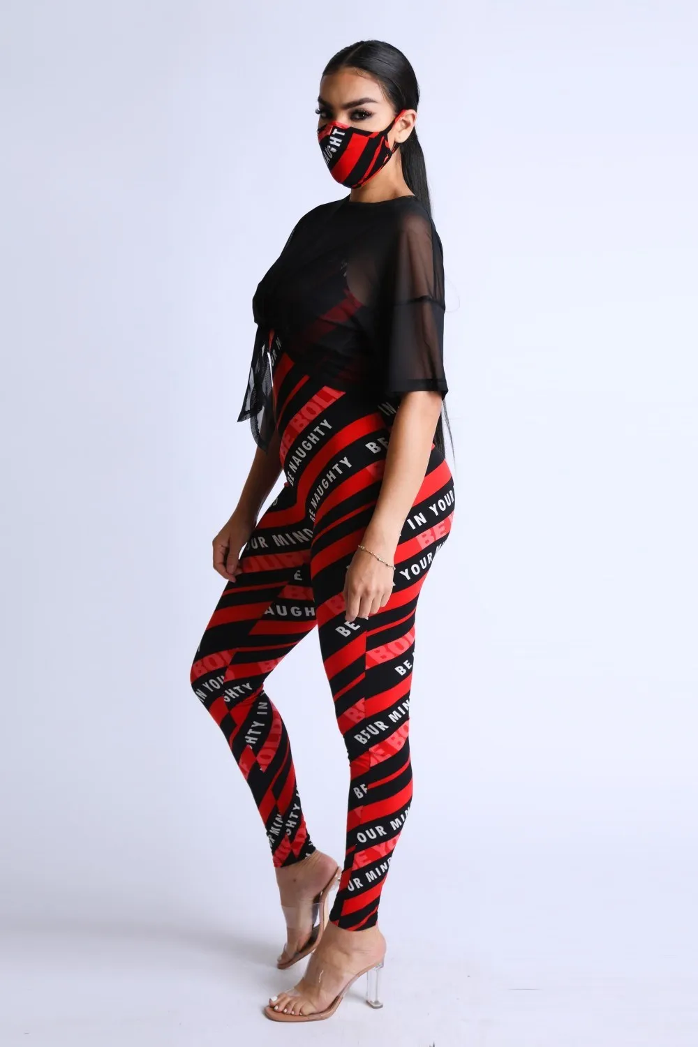 Diagonal Striped Jumpsuit With Mesh Set