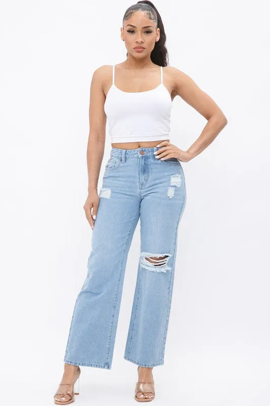 DISTRESS KNEE FLARED JEANS