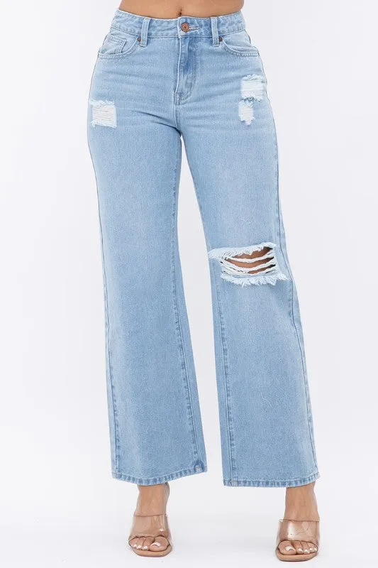 DISTRESS KNEE FLARED JEANS