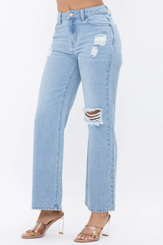 DISTRESS KNEE FLARED JEANS