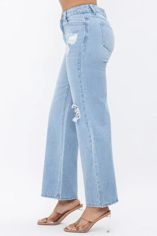 DISTRESS KNEE FLARED JEANS