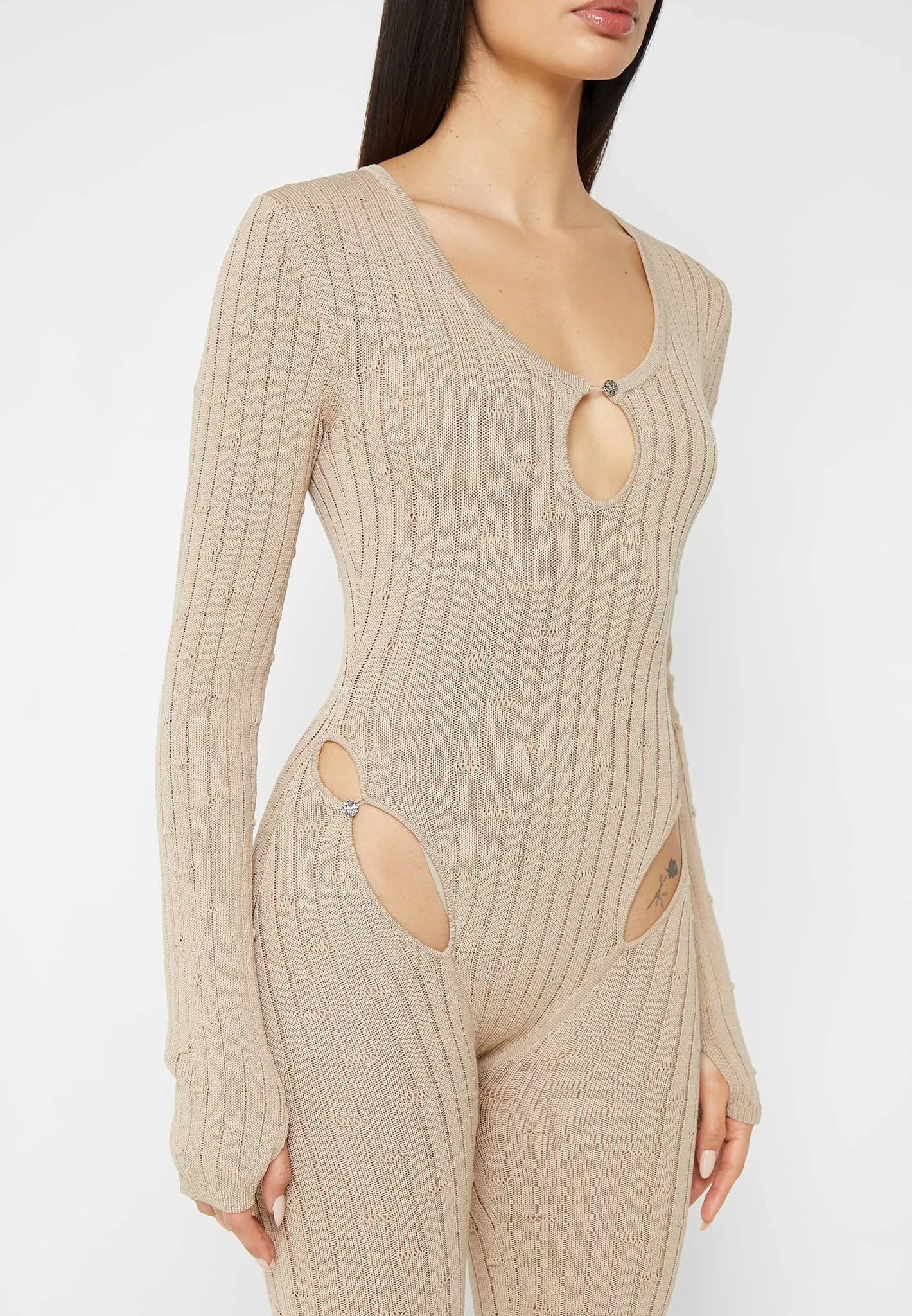 Distressed Knitted Cut Out Jumpsuit - Taupe