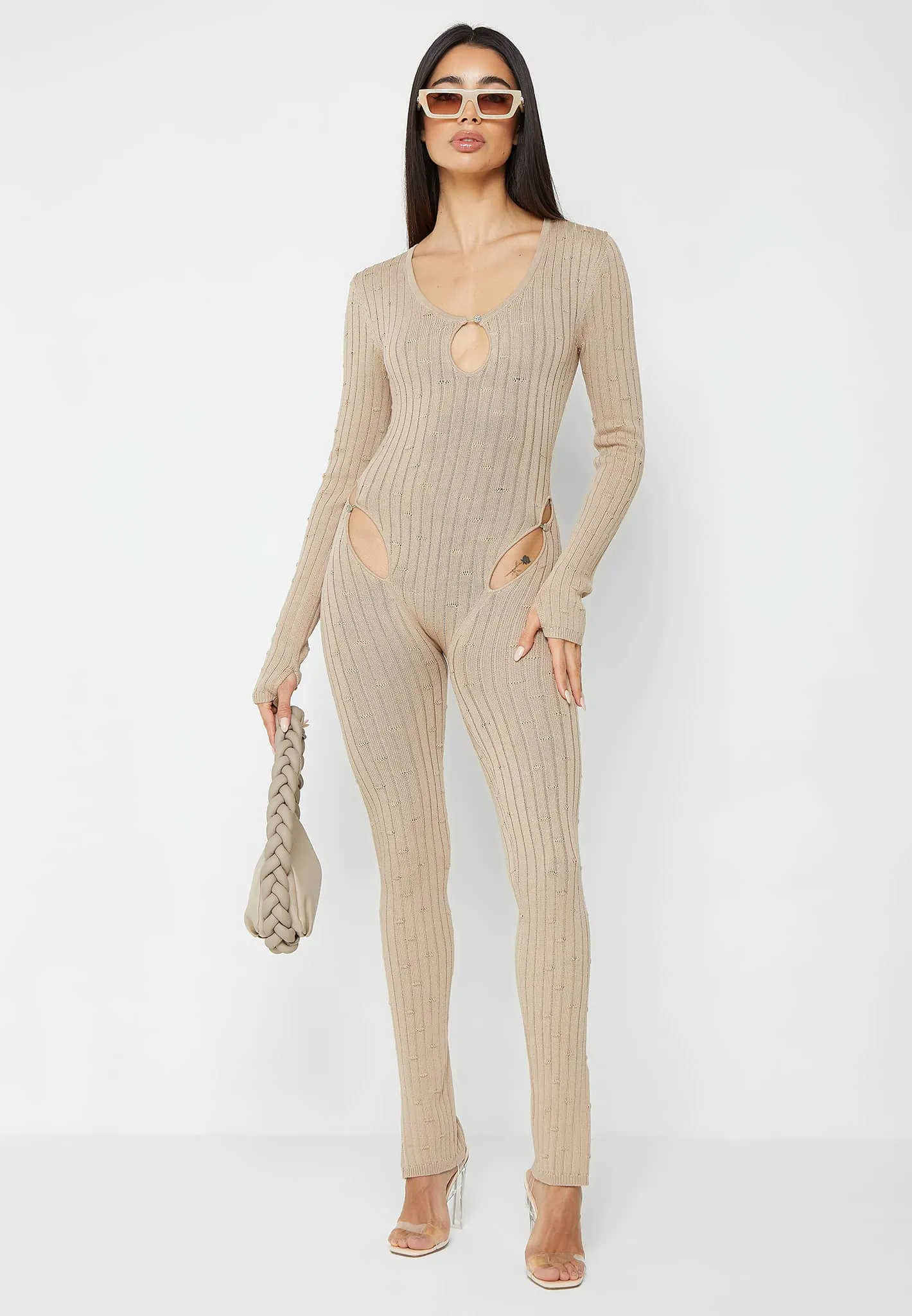 Distressed Knitted Cut Out Jumpsuit - Taupe