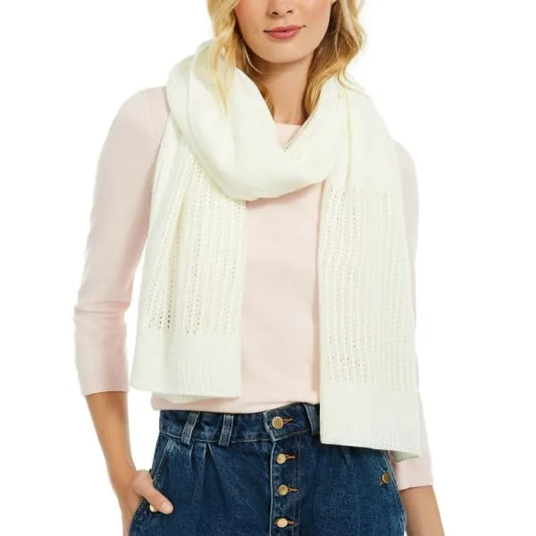 DKNY Womens Open-Knit Blocked Scarf Cream