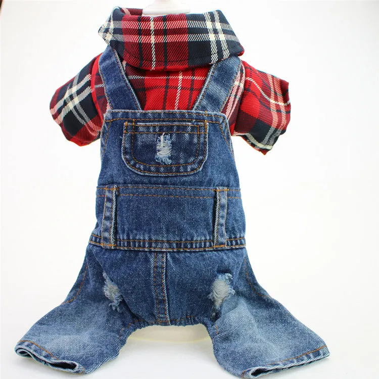 Dog Four Legged Large Plaid Denim Jumpsuit