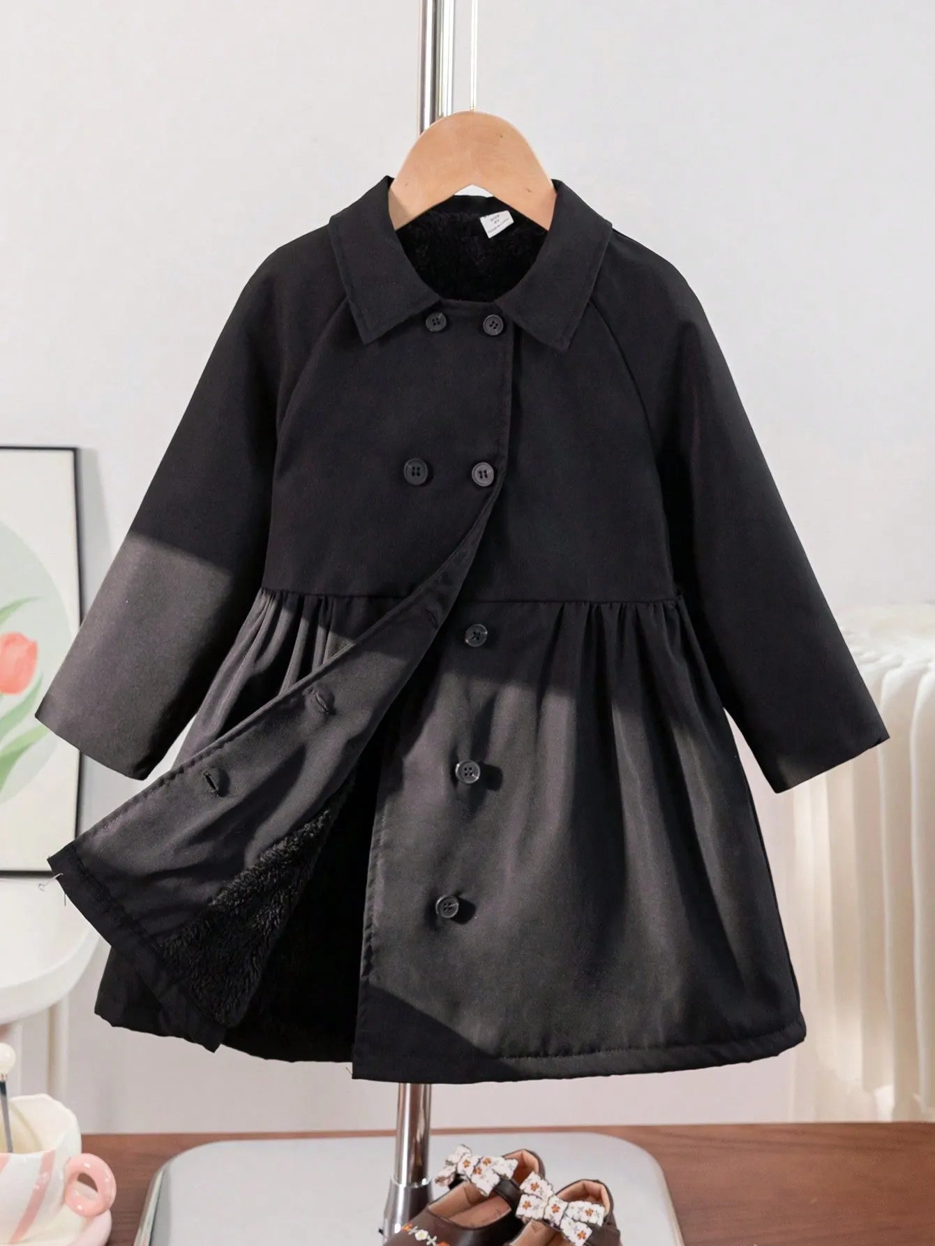 Double breasted coat women|Young Girl Raglan Sleeve Double Breasted Teddy Lined Coat