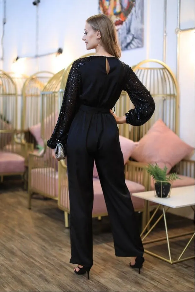 Double Second Black Jumpsuit With Sequin Sleeves