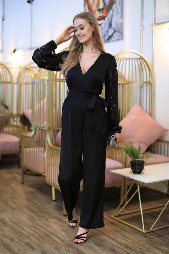 Double Second Black Jumpsuit With Sequin Sleeves