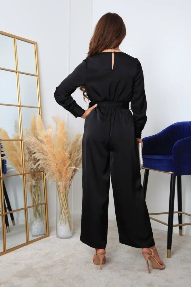 Double Second Black Lux Satin Wrap Jumpsuit