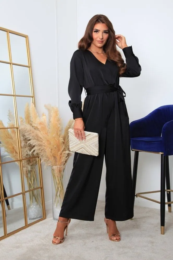 Double Second Black Lux Satin Wrap Jumpsuit