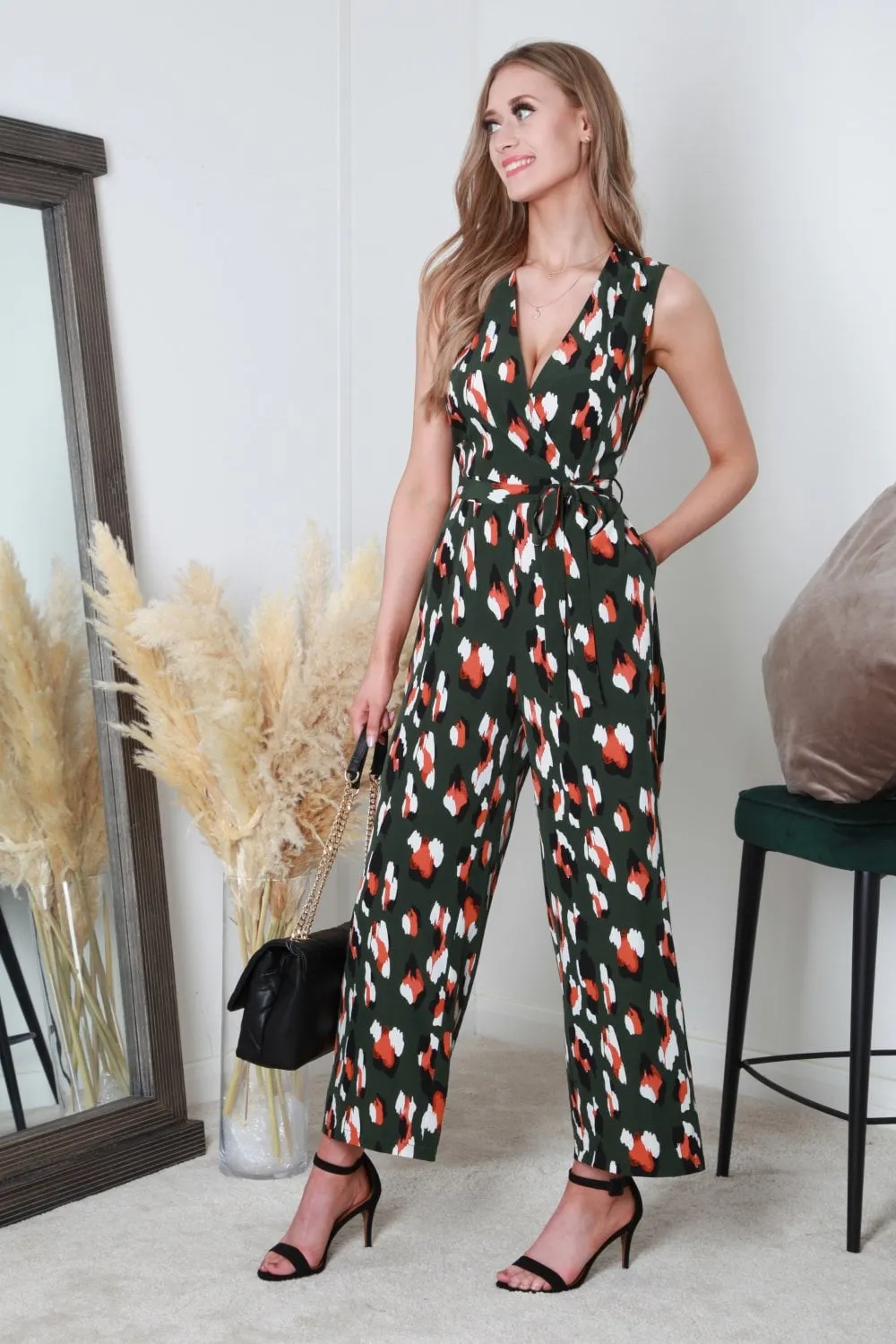 Double Second Wrap Front Print Jumpsuit