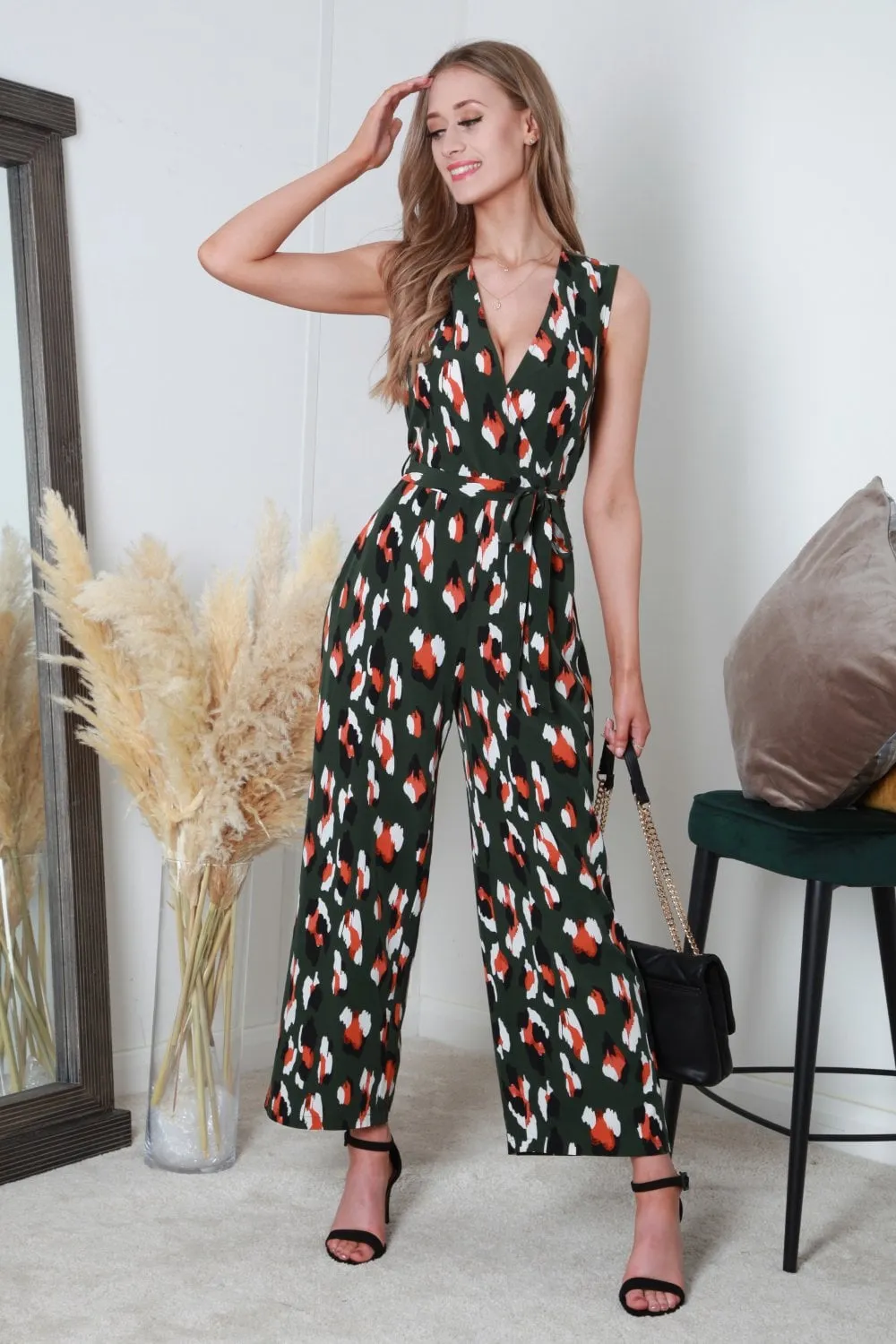 Double Second Wrap Front Print Jumpsuit